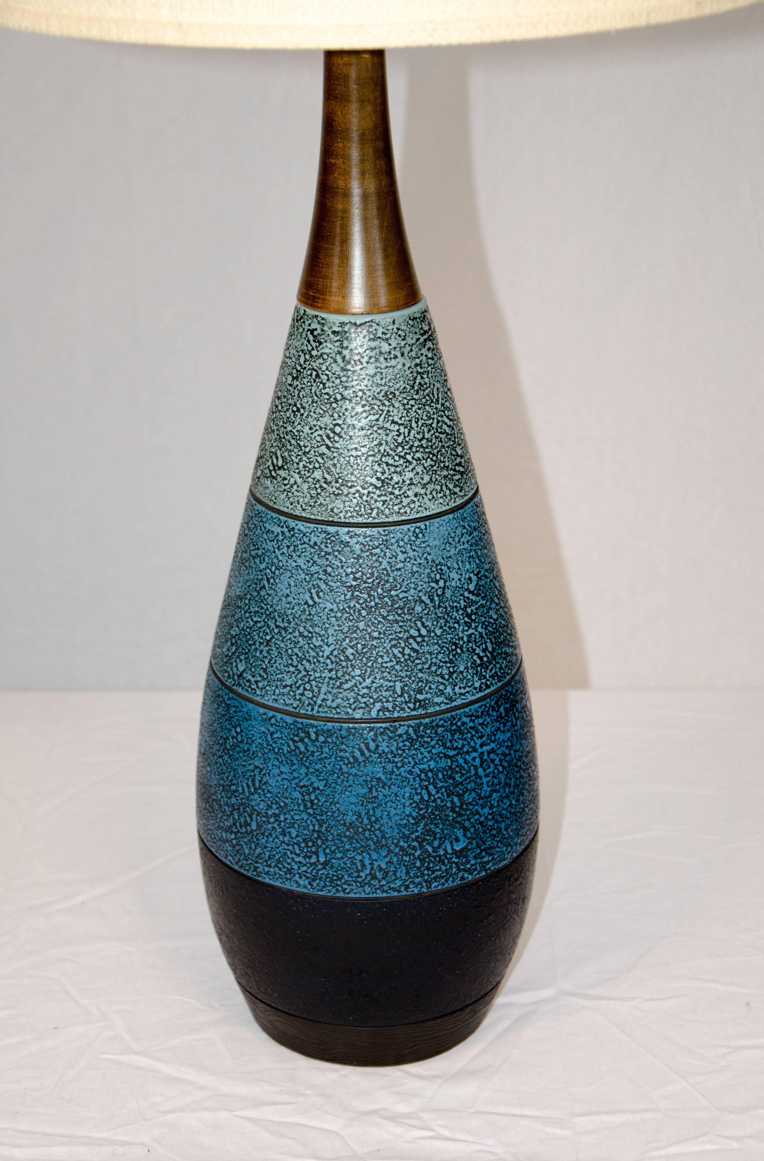 American Pair of Midcentury Blue Ceramic Lamps, London Lamps