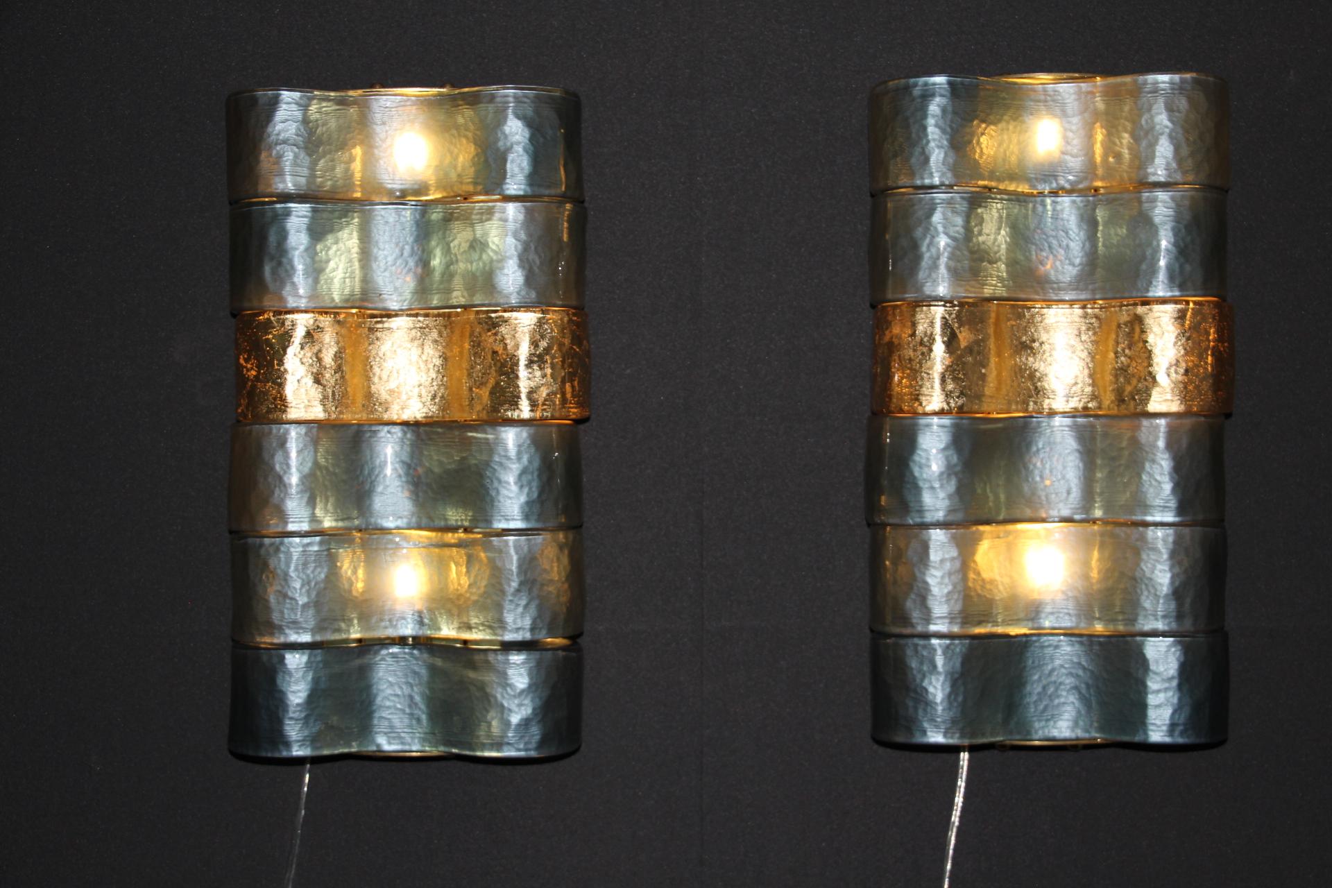 Pair of Midcentury Blue, Grey and Gold Murano Glass Sconces For Sale 1