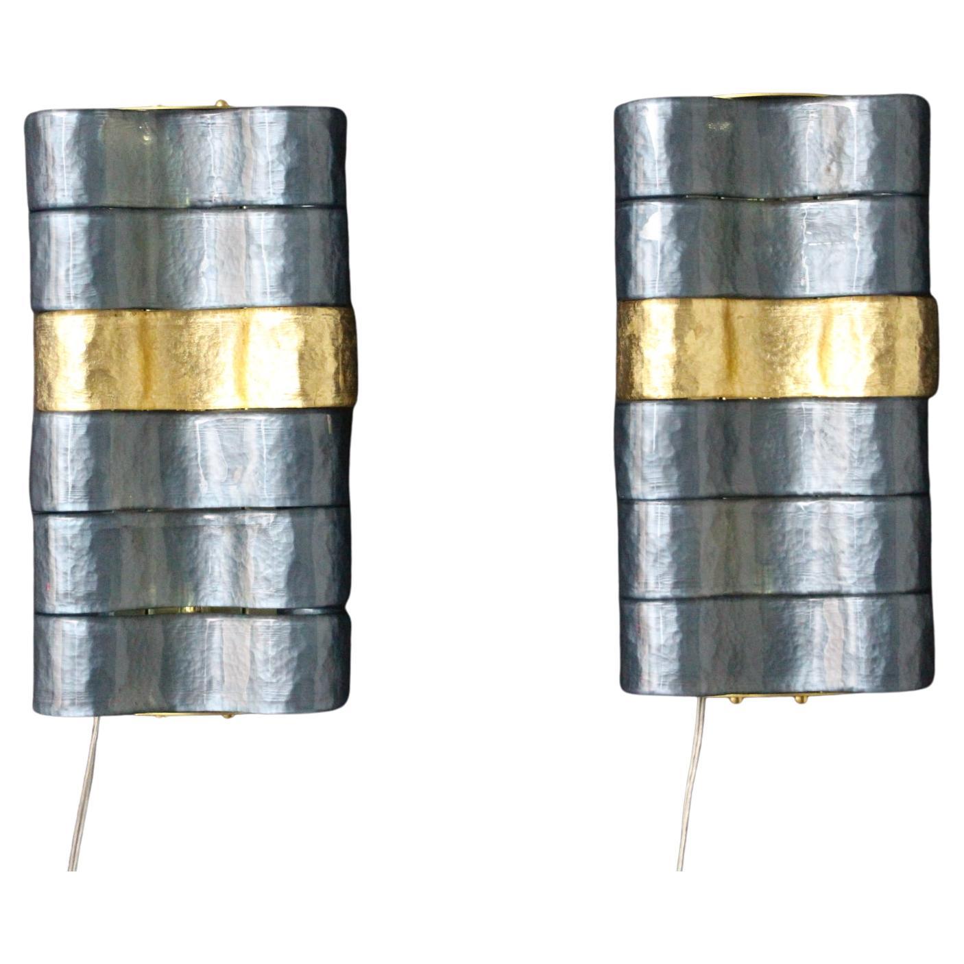Pair of Midcentury Blue, Grey and Gold Murano Glass Sconces For Sale