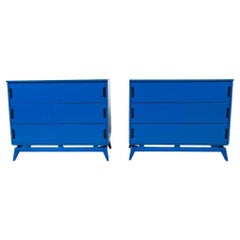 Pair of Mid Century Blue Lacquer 3 drawer dressers with concave handles