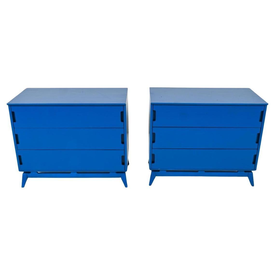 Mid-Century Modern Pair of Mid Century Blue Lacquer 3 drawer dressers with concave handles