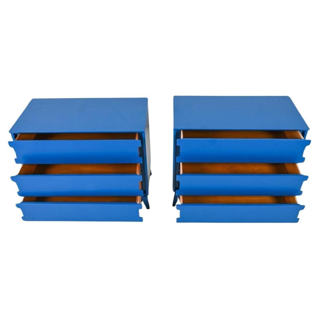 American Pair of Mid Century Blue Lacquer 3 drawer dressers with concave handles