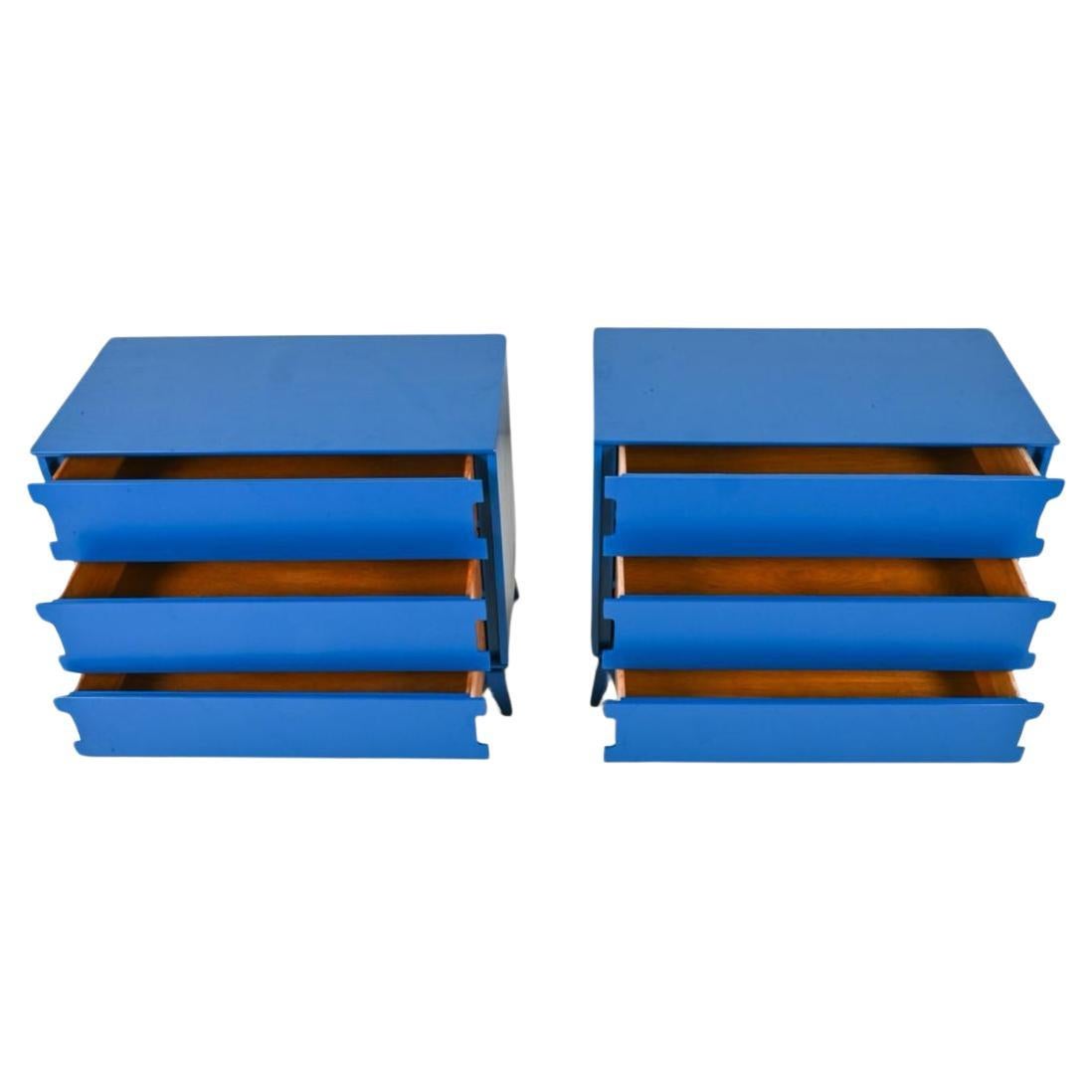 American Pair of Mid Century Blue Lacquer 3 drawer dressers with concave handles