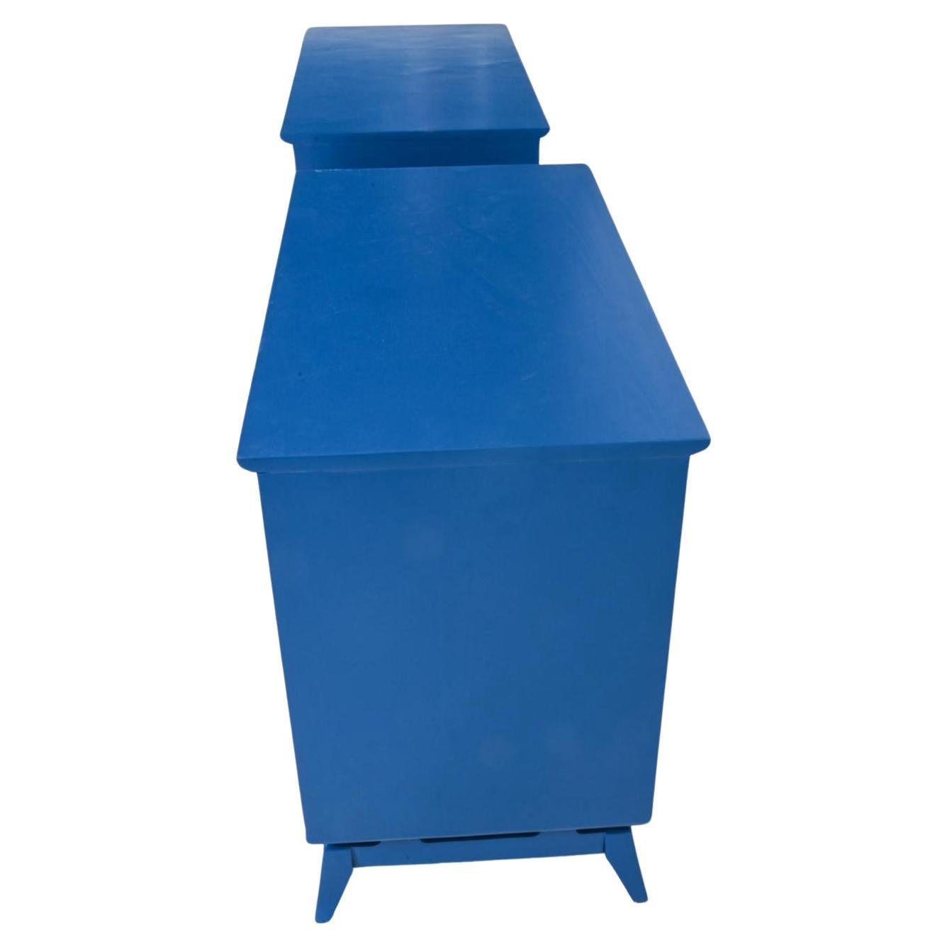Woodwork Pair of Mid Century Blue Lacquer 3 drawer dressers with concave handles