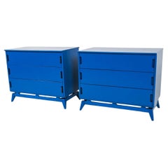 Pair of Mid Century Blue Lacquer 3 drawer dressers with concave handles