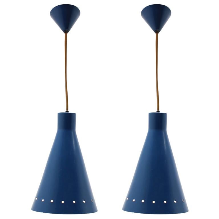 Pair of Mid Century Blue Metal Pendants, 1970s