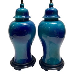 Pair of Mid Century Blue Porcelain Lamps