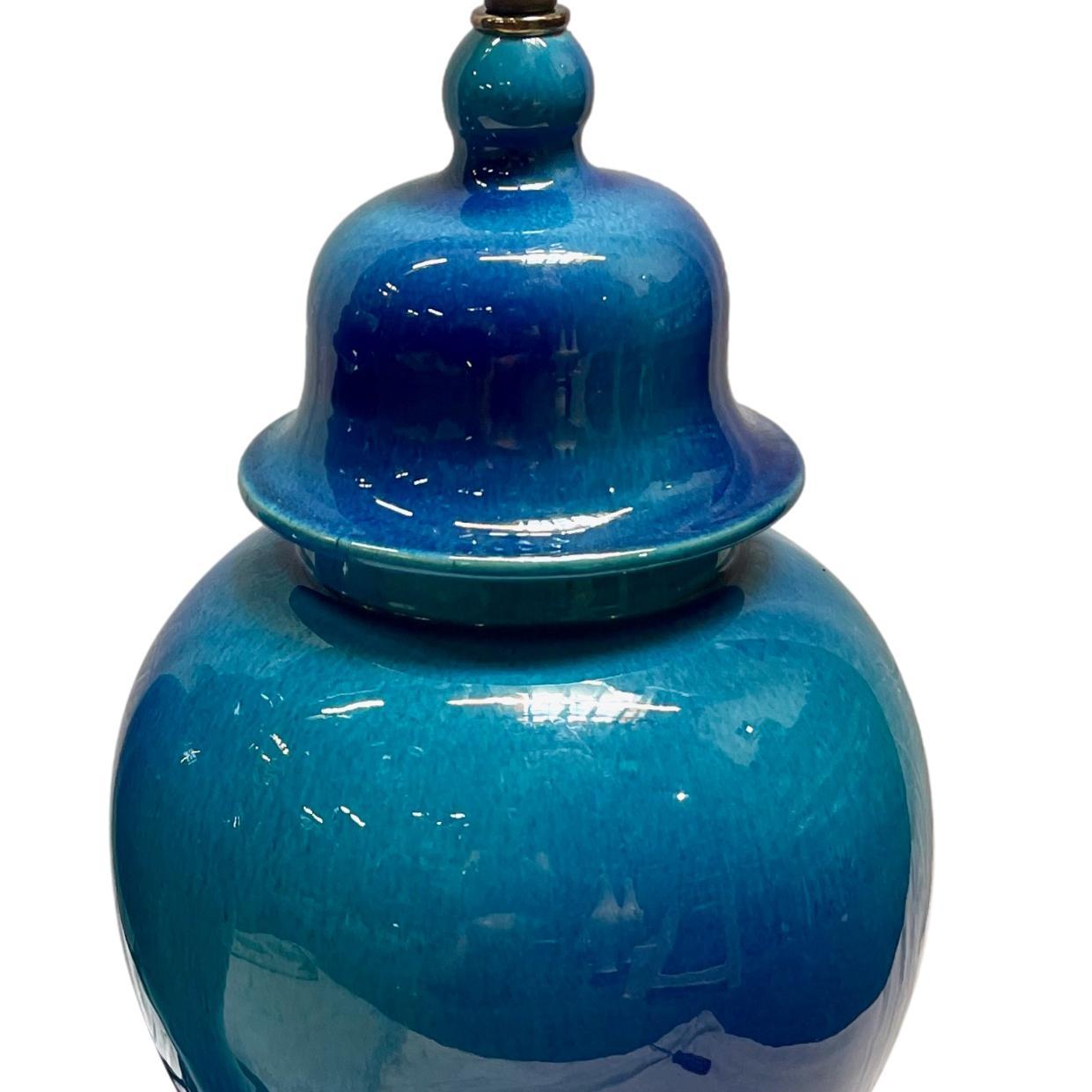 Glazed Pair of Mid Century Blue Porcelain Lamps For Sale