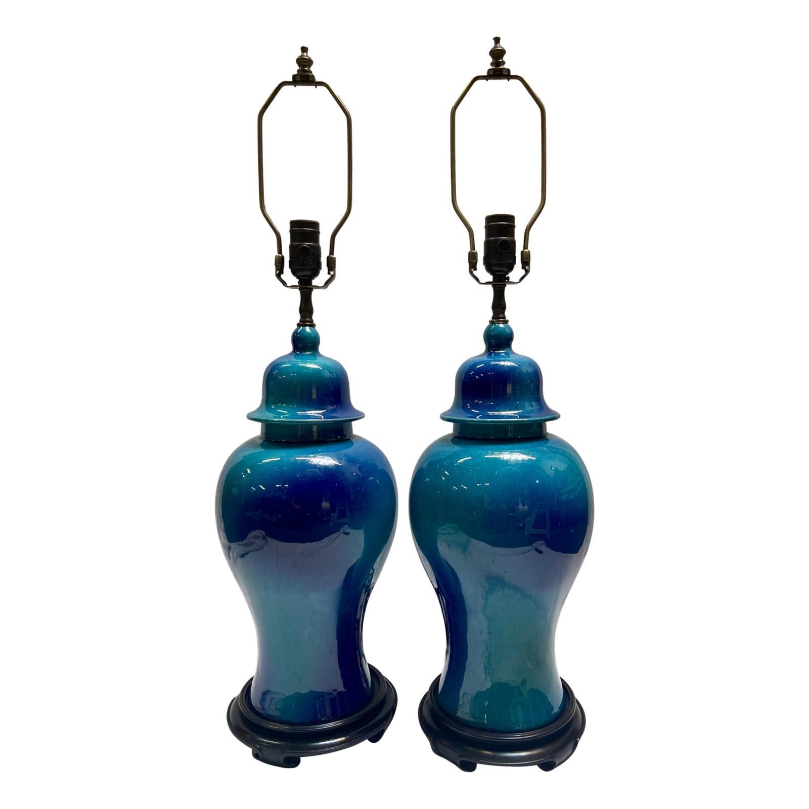 Pair of Mid Century Blue Porcelain Lamps For Sale
