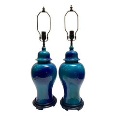 Pair of Mid Century Blue Porcelain Lamps