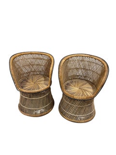 Pair of Mid Century Bohemian Rattan Peacock Barrel Back Chairs