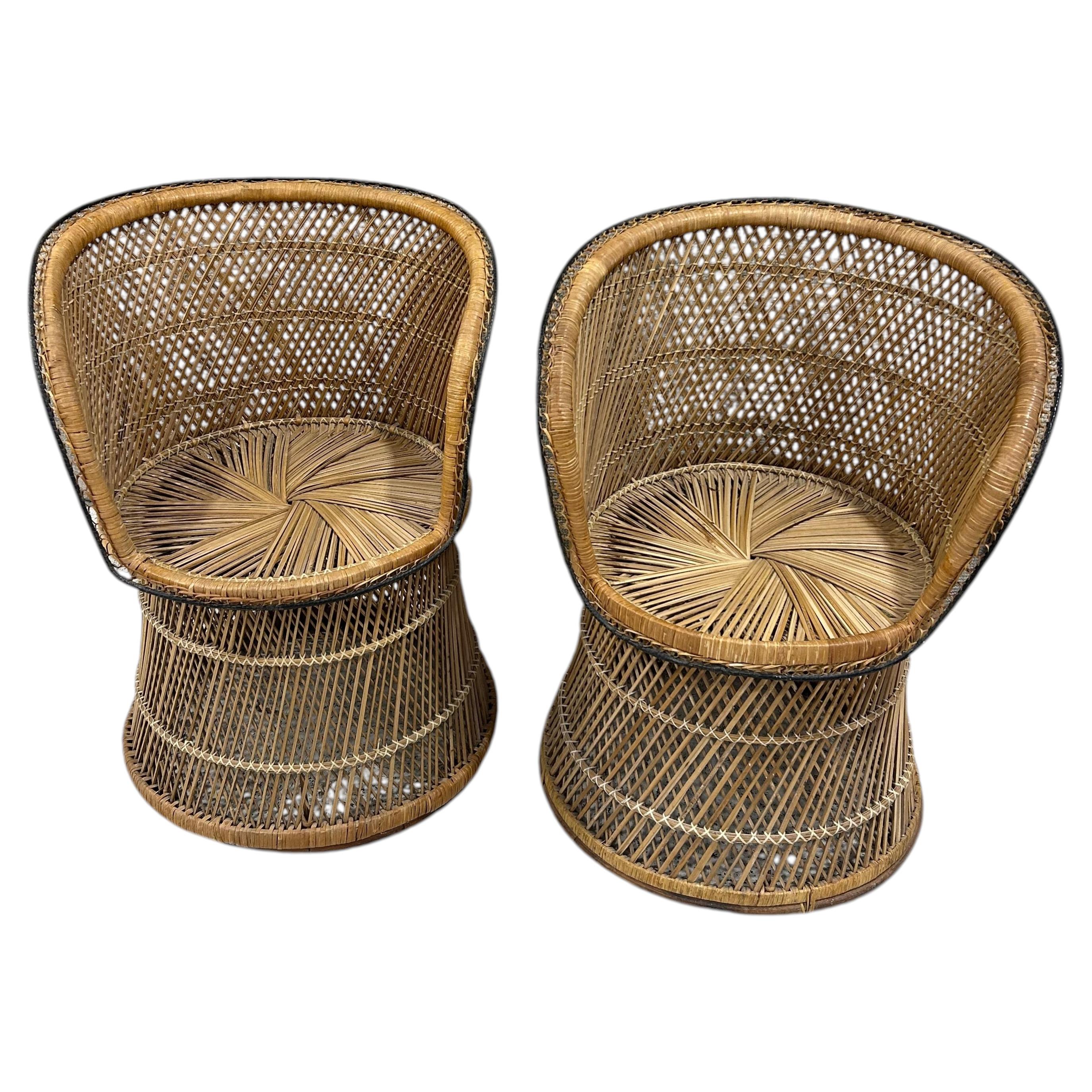 Pair of Mid Century Bohemian Rattan Peacock Barrel Back Chairs