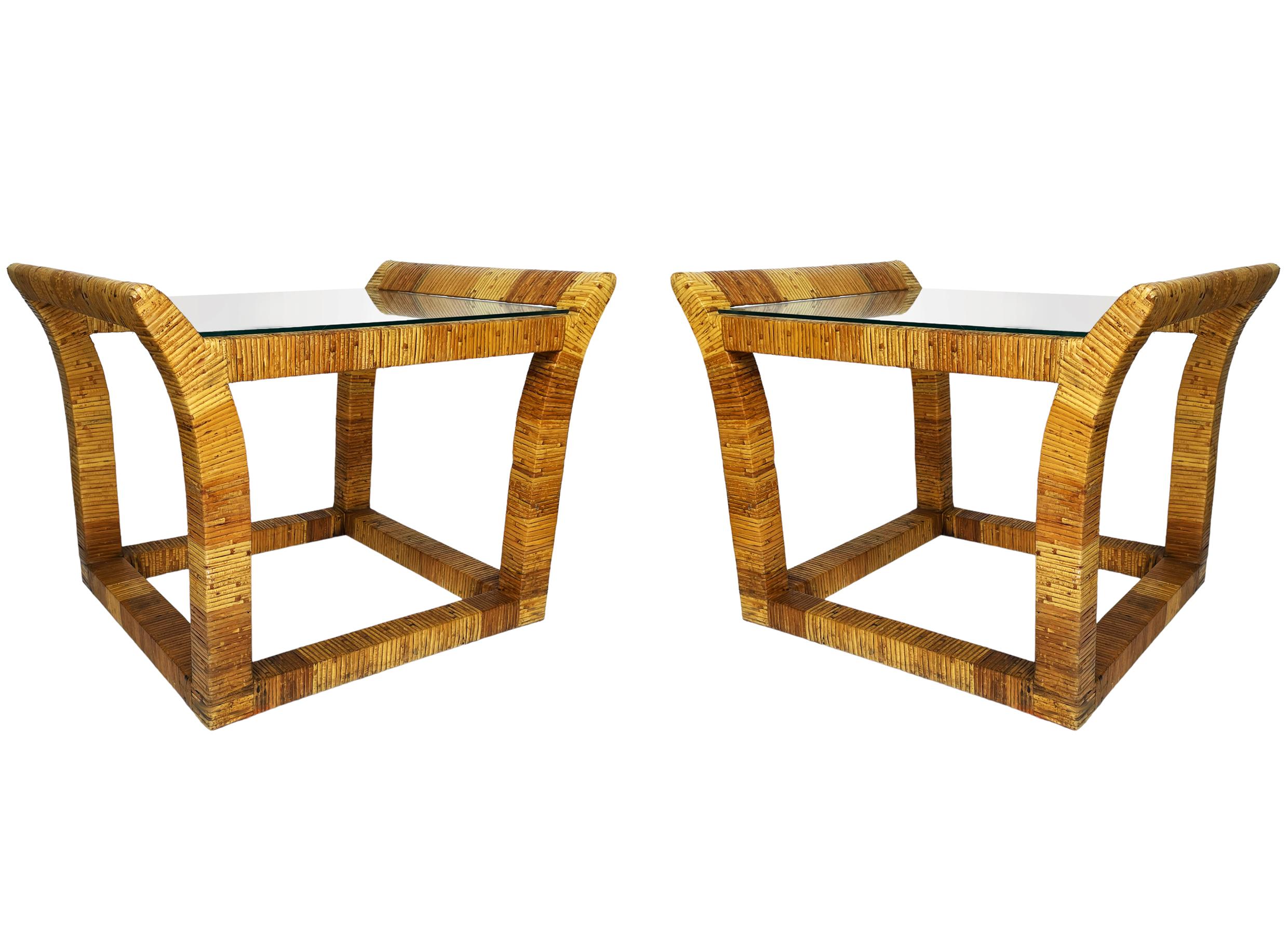 Mid-Century Modern Pair of Mid Century Boho Modern Rectangular Rattan and Glass Side or End Tables For Sale