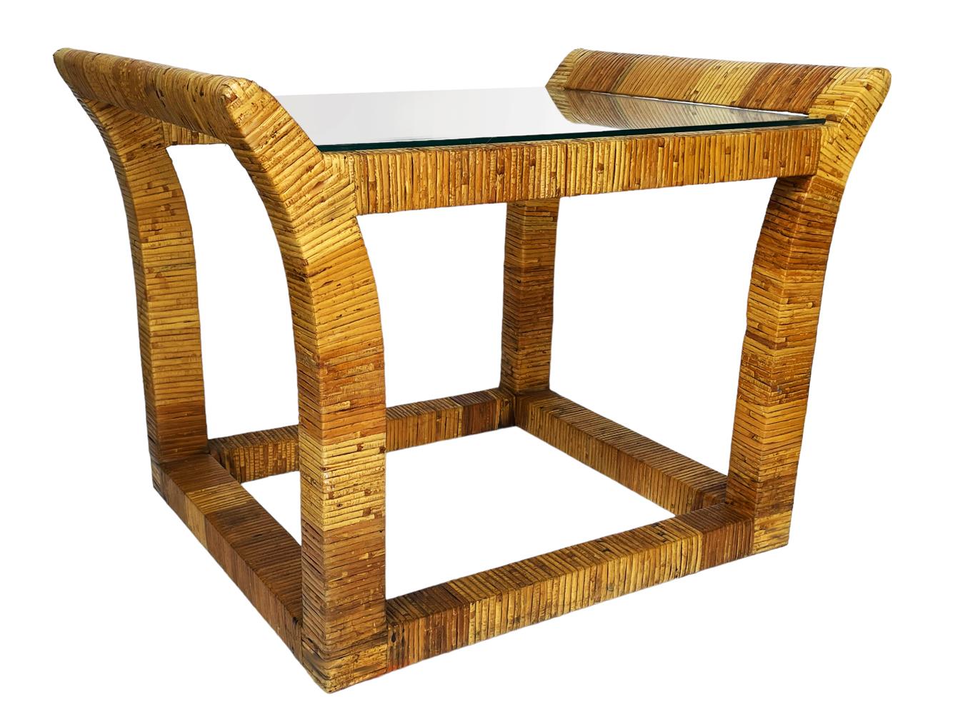 American Pair of Mid Century Boho Modern Rectangular Rattan and Glass Side or End Tables For Sale