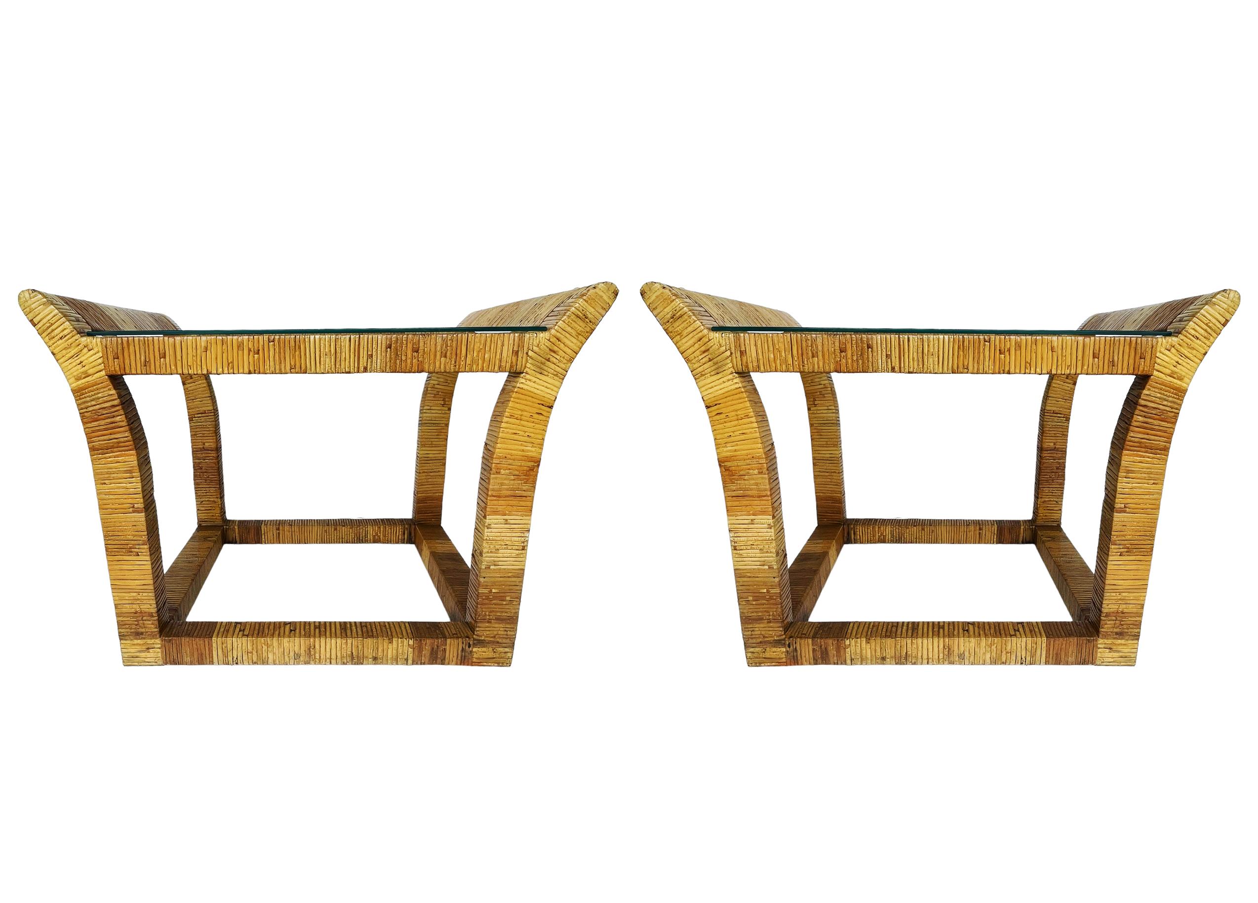 Pair of Mid Century Boho Modern Rectangular Rattan and Glass Side or End Tables In Good Condition For Sale In Philadelphia, PA