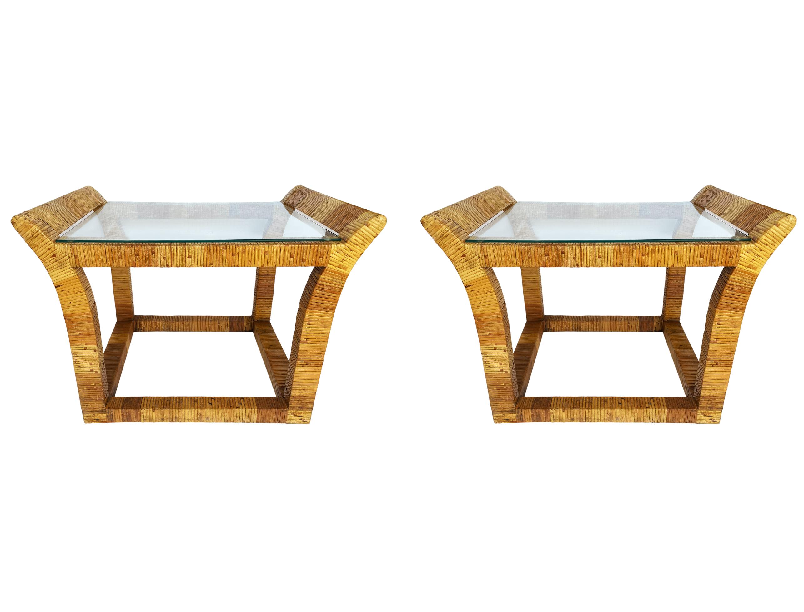 Late 20th Century Pair of Mid Century Boho Modern Rectangular Rattan and Glass Side or End Tables For Sale