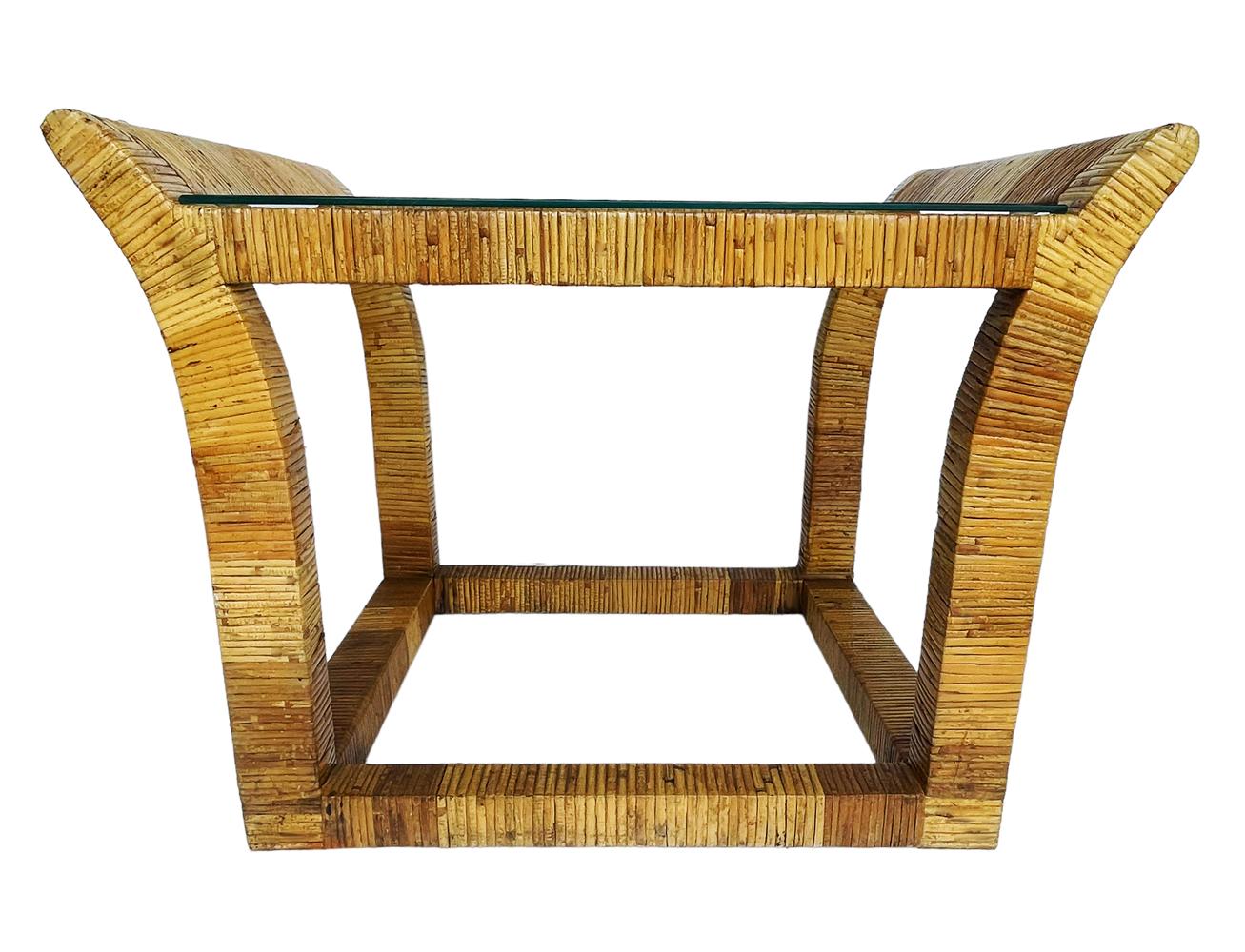 Pair of Mid Century Boho Modern Rectangular Rattan and Glass Side or End Tables For Sale 1