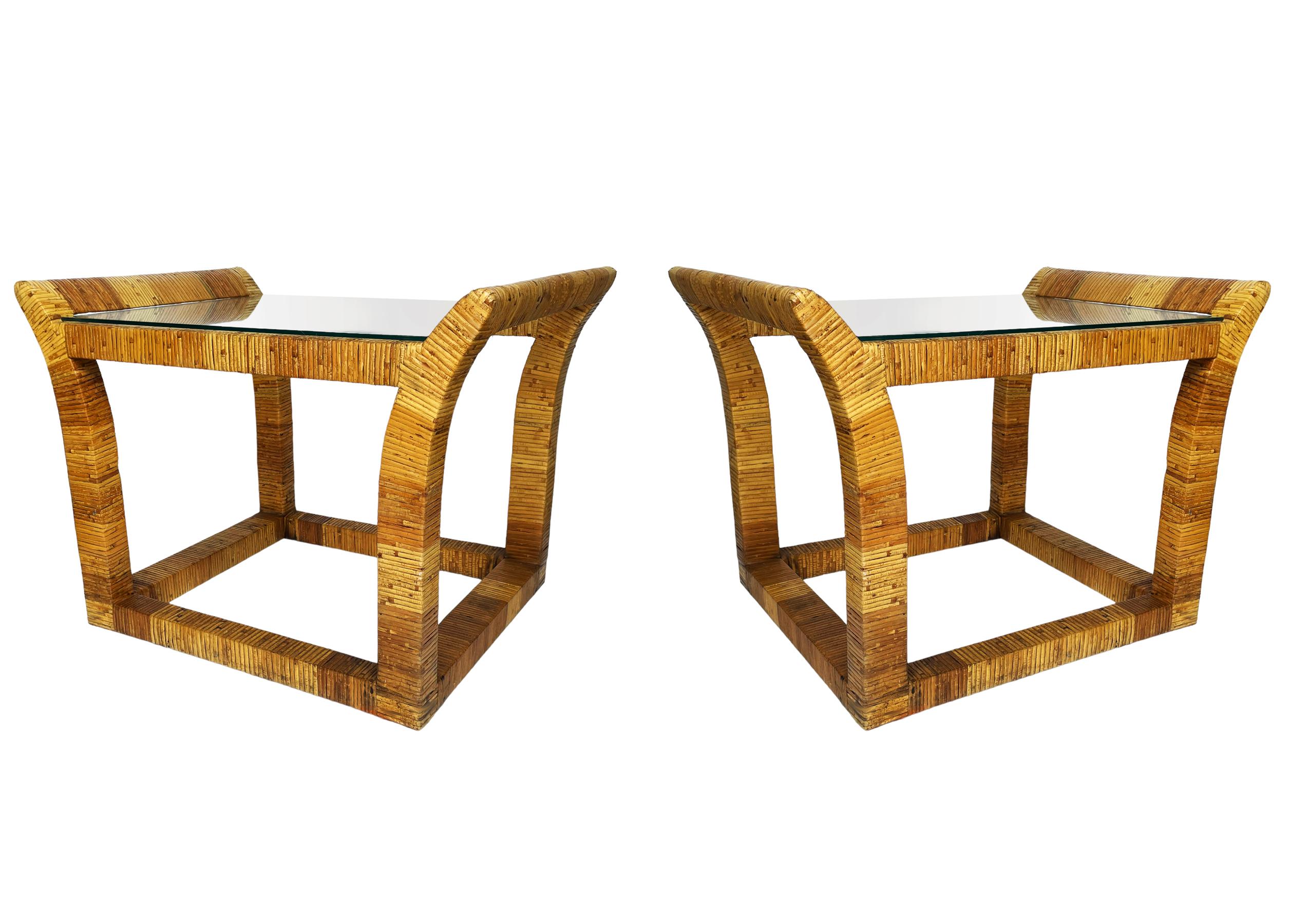 Pair of Mid Century Boho Modern Rectangular Rattan and Glass Side or End Tables For Sale 2
