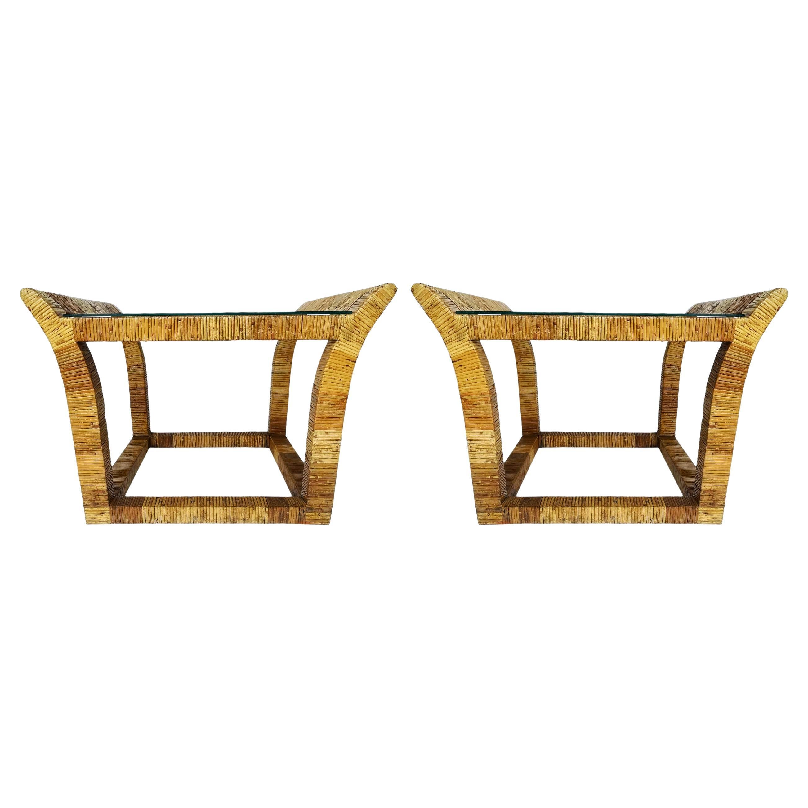 Pair of Mid Century Boho Modern Rectangular Rattan and Glass Side or End Tables For Sale