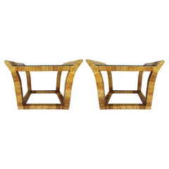 Pair of Mid Century Boho Modern Rectangular Rattan and Glass Side or End Tables