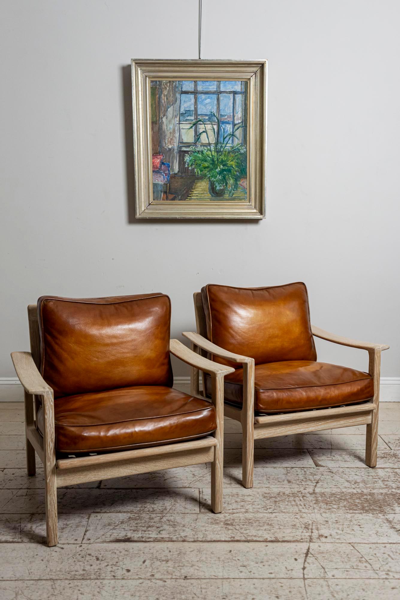 Pair of Midcentury Børge Mogensen Slatted Oak and Deep Leather Armchairs 3