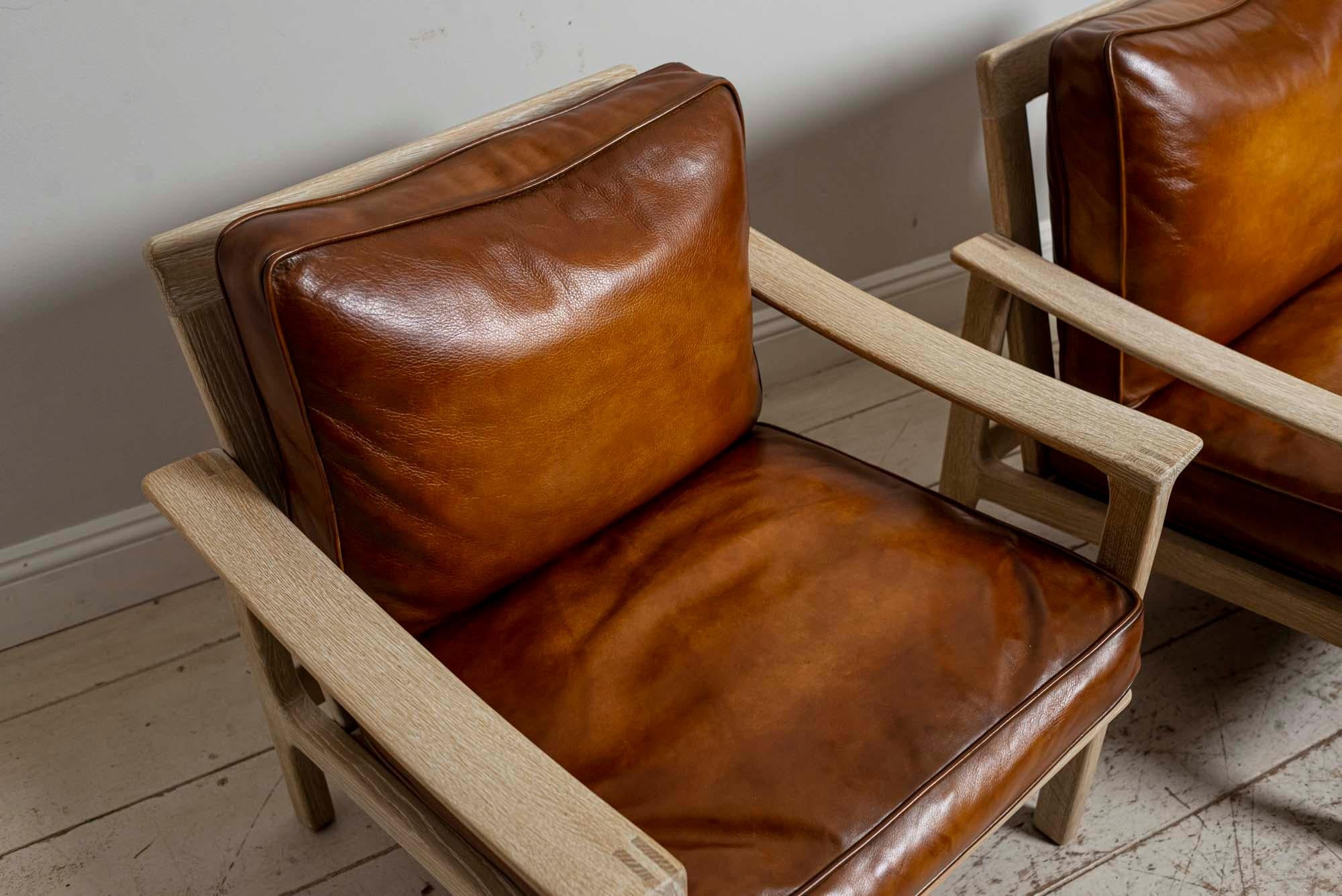 Danish Pair of Midcentury Børge Mogensen Slatted Oak and Deep Leather Armchairs