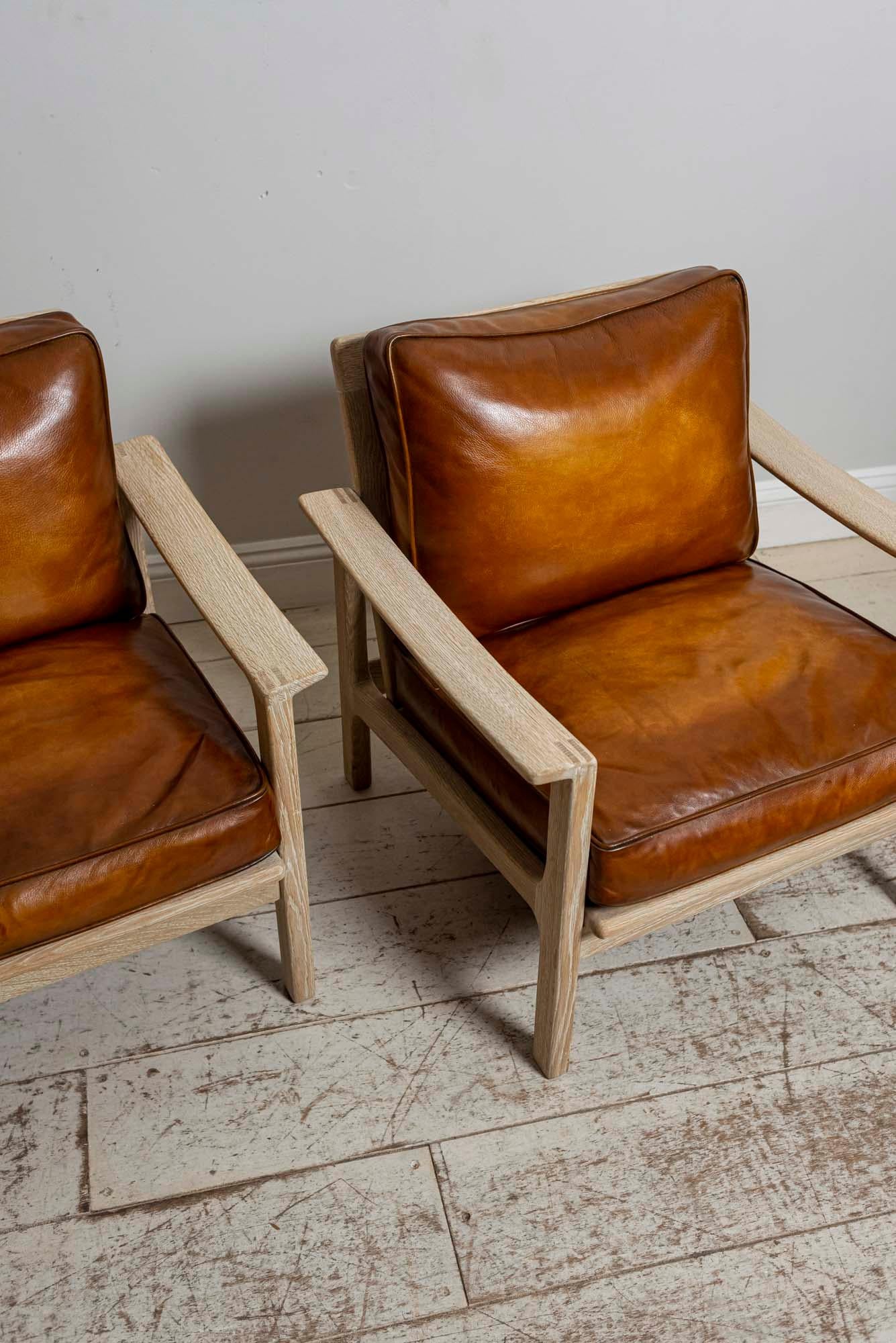 20th Century Pair of Midcentury Børge Mogensen Slatted Oak and Deep Leather Armchairs