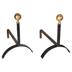 Pair of Mid-Century Brass and Black Iron Andirons, 1950s