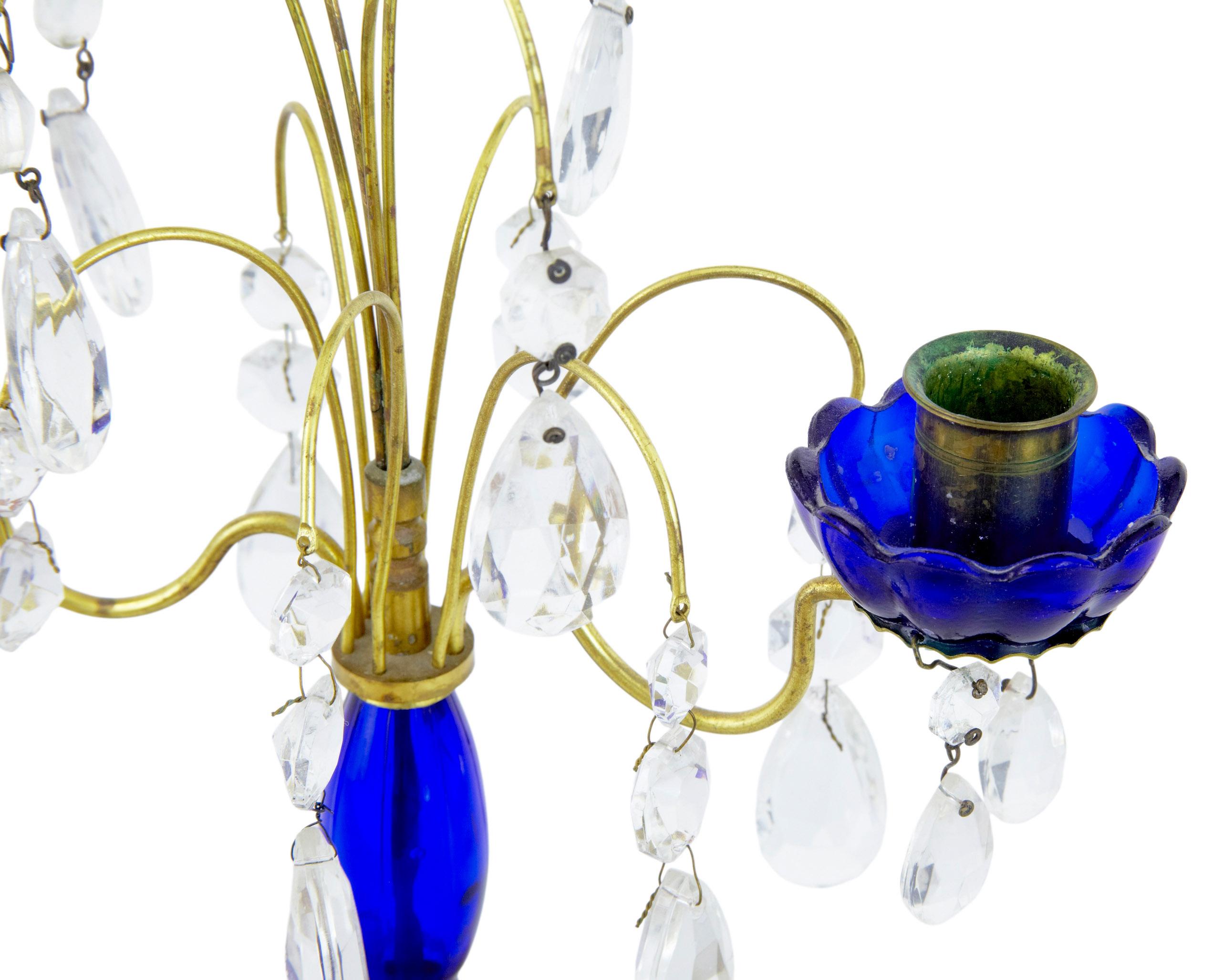 Hand-Crafted Pair of mid century brass and cut glass decorative candlesticks For Sale