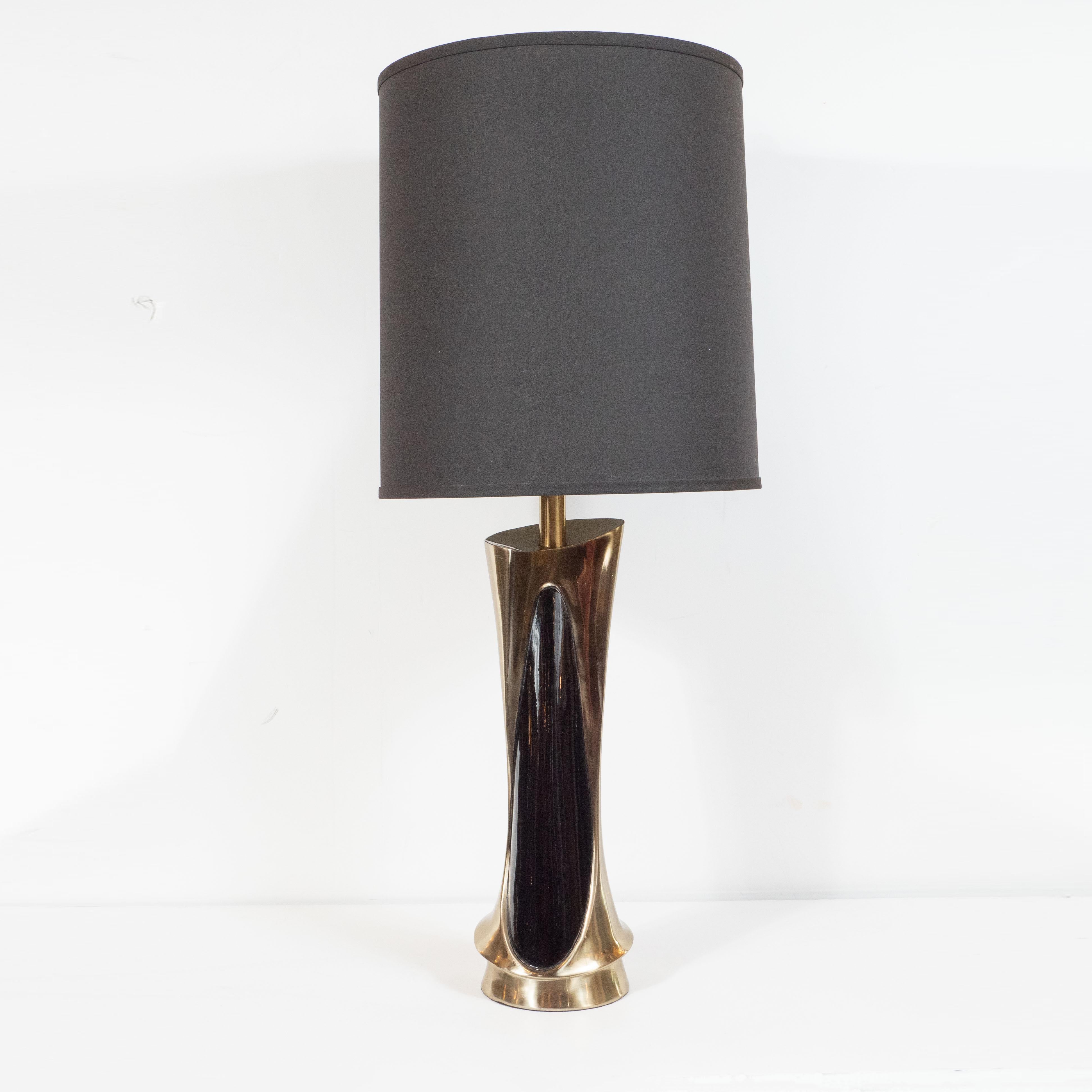 Mid-Century Modern Pair of Midcentury Brass and Ebonized Walnut Table Lamps by Laurel & Co.