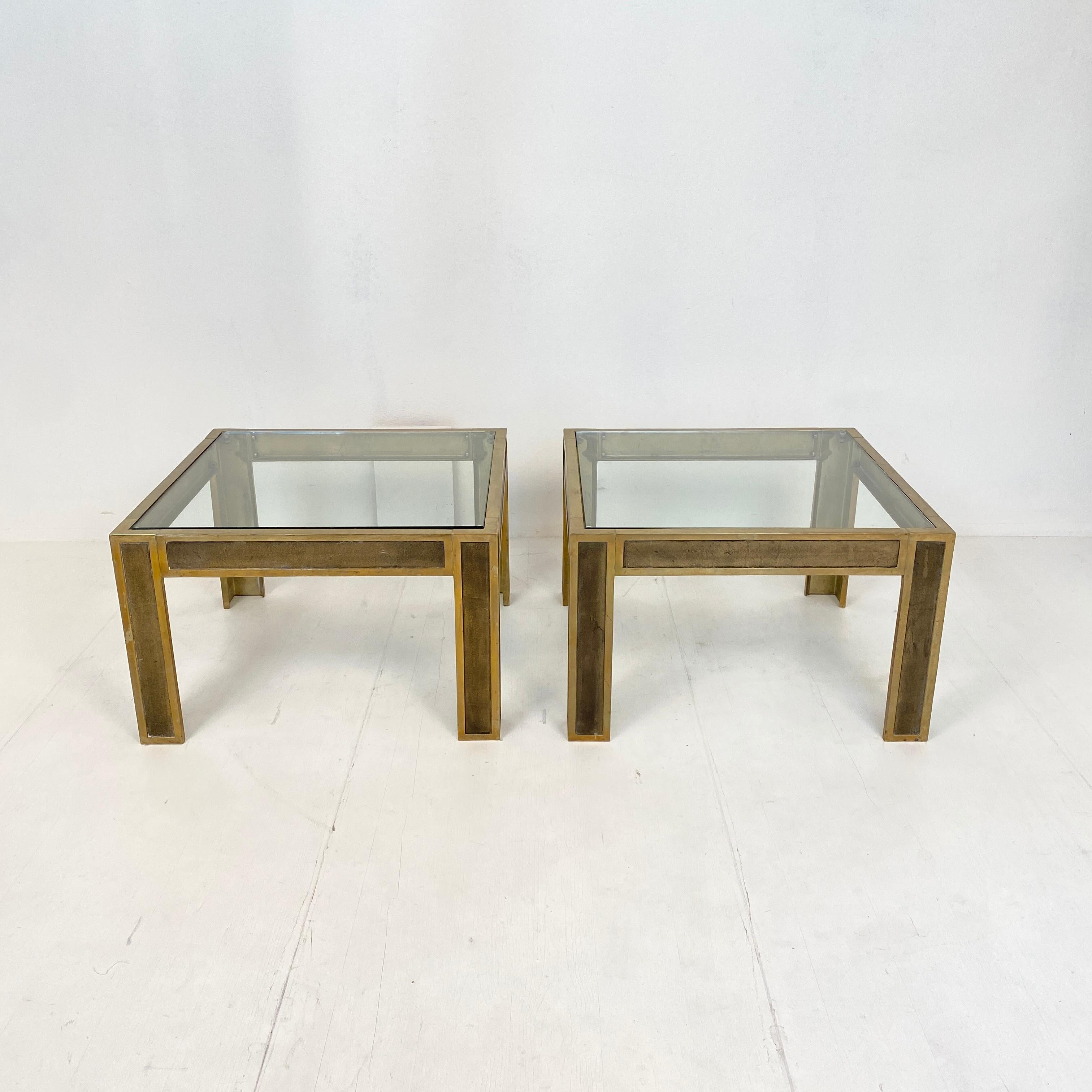 Dutch Pair of Mid-Century Brass and Glass Sofa Tables or Coffee Tables by Ghyczy