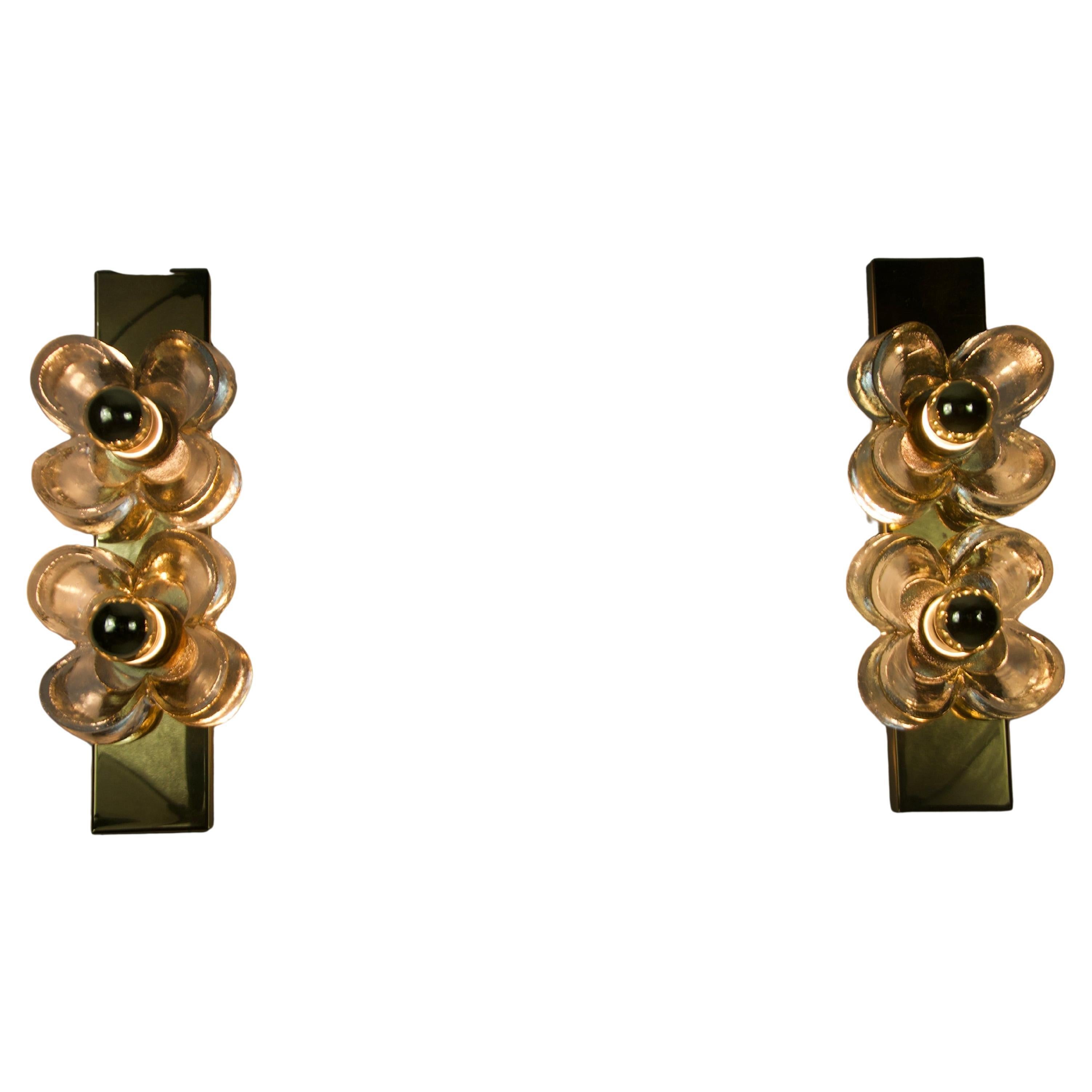 Pair of Mid-Century Brass and Glass Wall Lamps by SiSche, Germany, 1960s in vendita