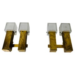 Pair of Mid-Century Brass and Ice Glass Wall Lamps, Italy, 1960s