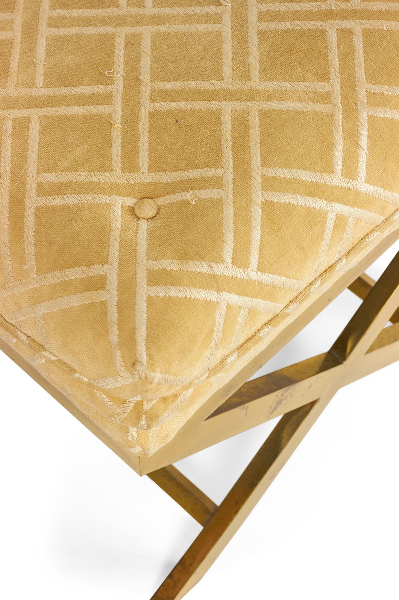 Pair of Mid-Century Brass and Lattice Patterned Tan Upholstered X-Benches For Sale 4