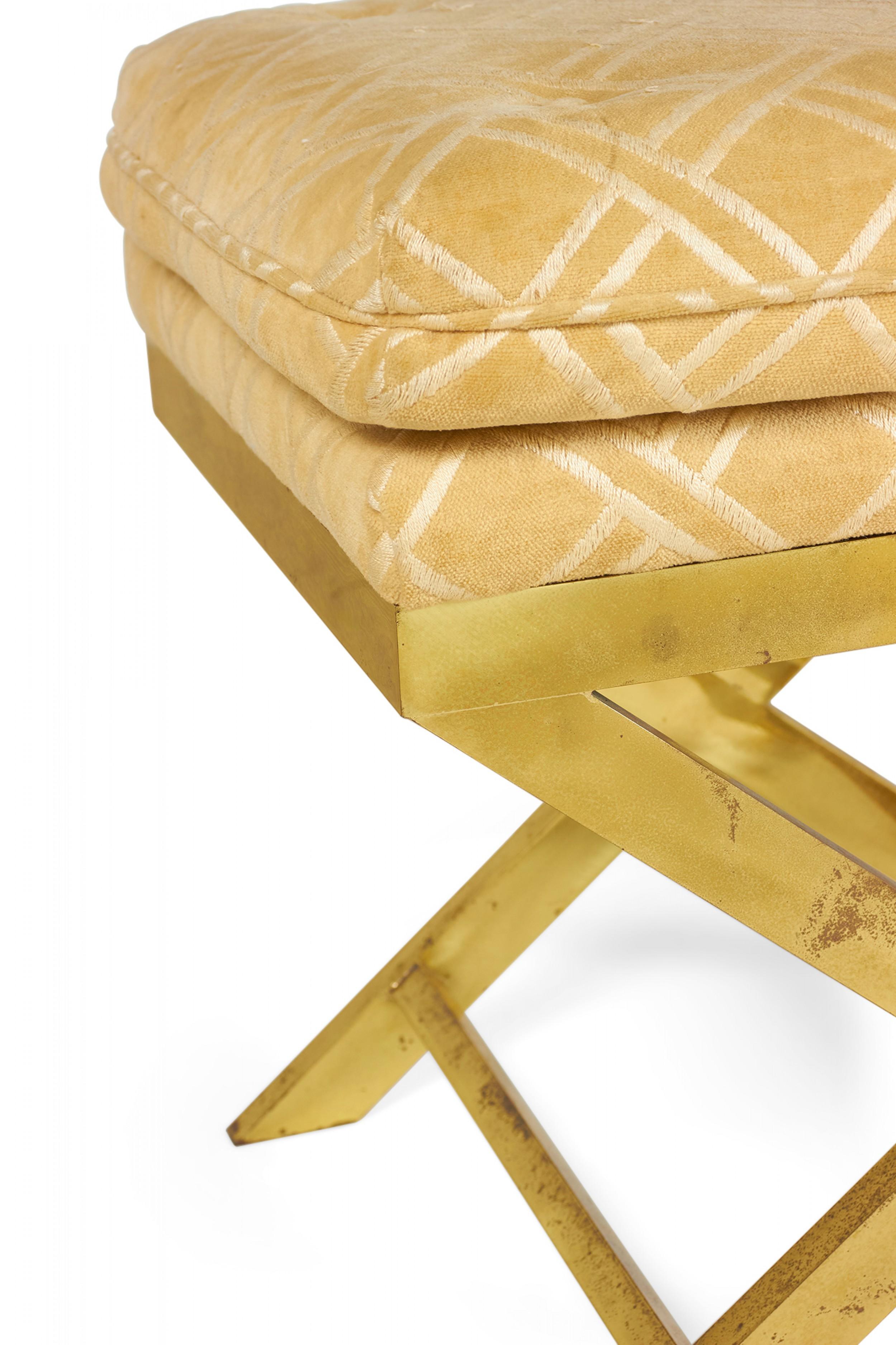 Pair of Mid-Century Brass and Lattice Patterned Tan Upholstered X-Benches For Sale 6