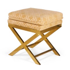 Pair of Mid-Century Brass and Lattice Patterned Tan Upholstered X-Benches