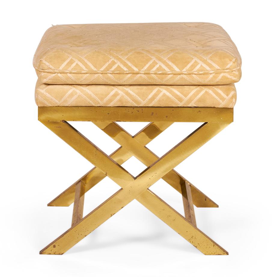 Mid-Century Modern Pair of Mid-Century Brass and Lattice Patterned Tan Upholstered X-Benches For Sale