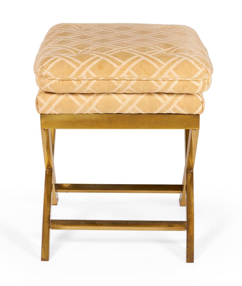 20th Century Pair of Mid-Century Brass and Lattice Patterned Tan Upholstered X-Benches For Sale