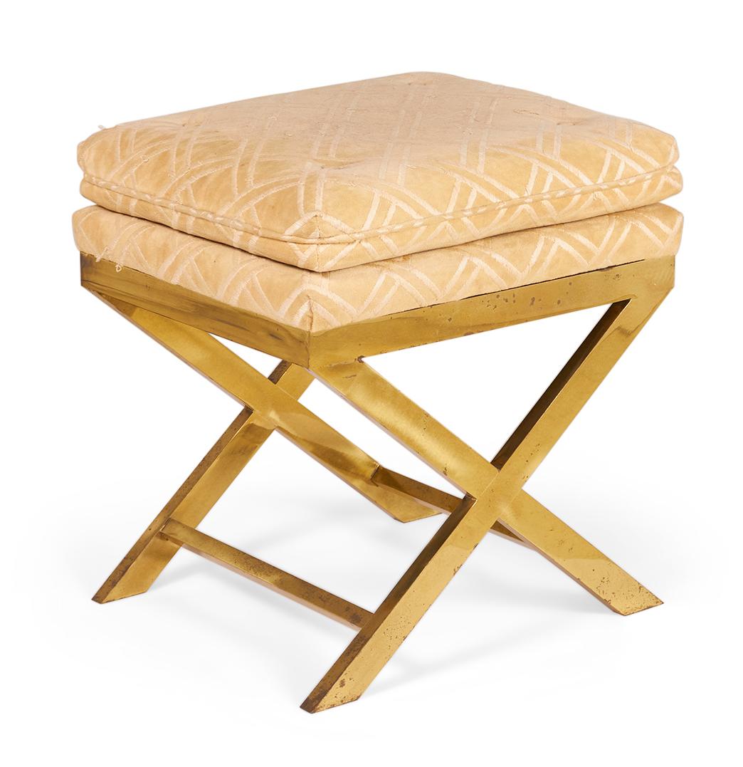 Metal Pair of Mid-Century Brass and Lattice Patterned Tan Upholstered X-Benches For Sale