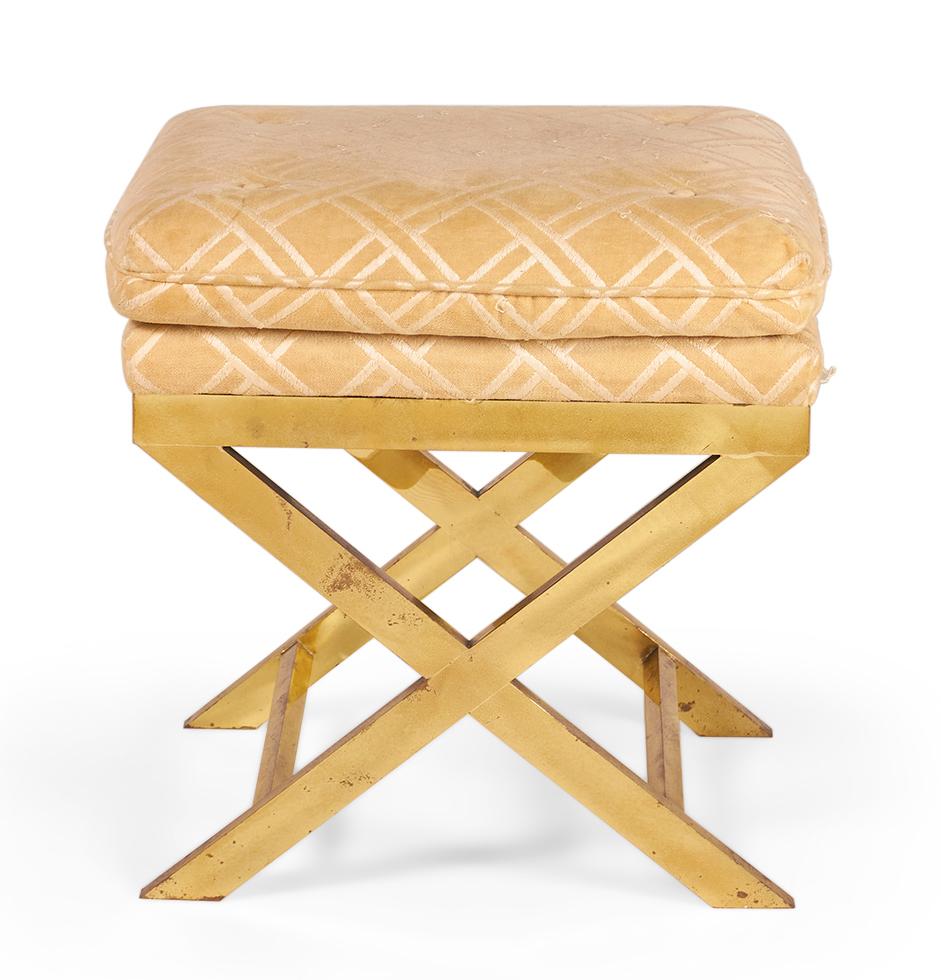Pair of Mid-Century Brass and Lattice Patterned Tan Upholstered X-Benches For Sale 1