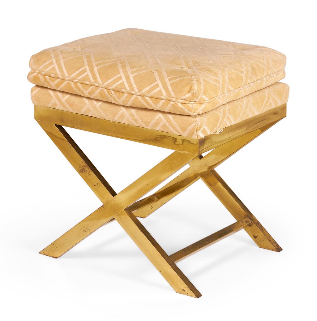 Pair of Mid-Century Brass and Lattice Patterned Tan Upholstered X-Benches For Sale 2