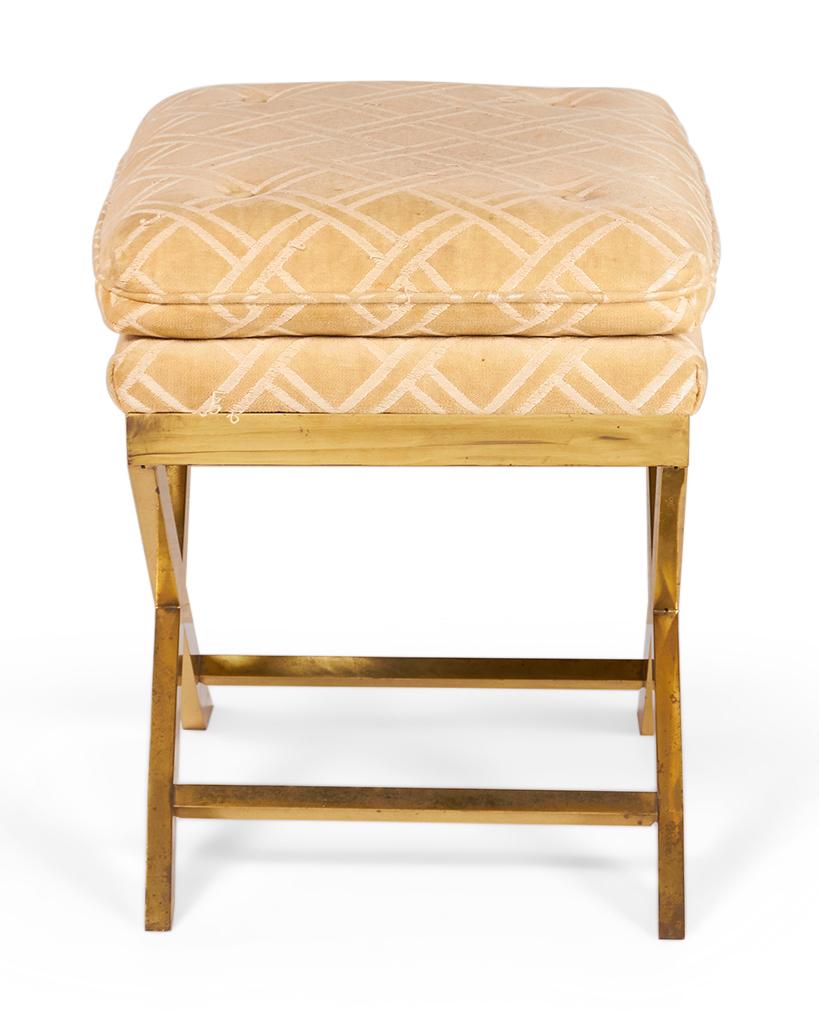 Pair of Mid-Century Brass and Lattice Patterned Tan Upholstered X-Benches For Sale 3