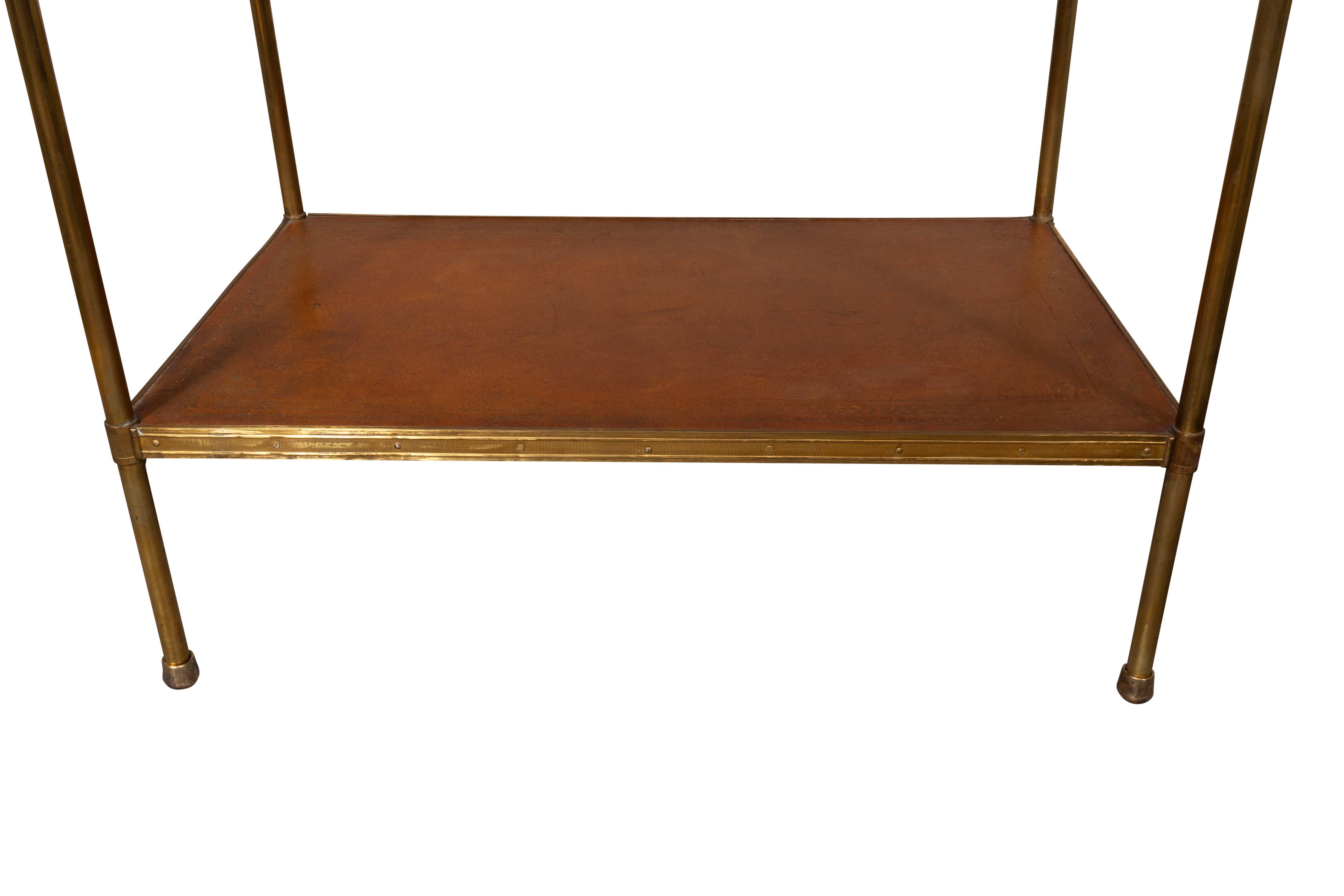 Pair Of Mid Century Brass And Leather Two Tier End Tables For Sale 7