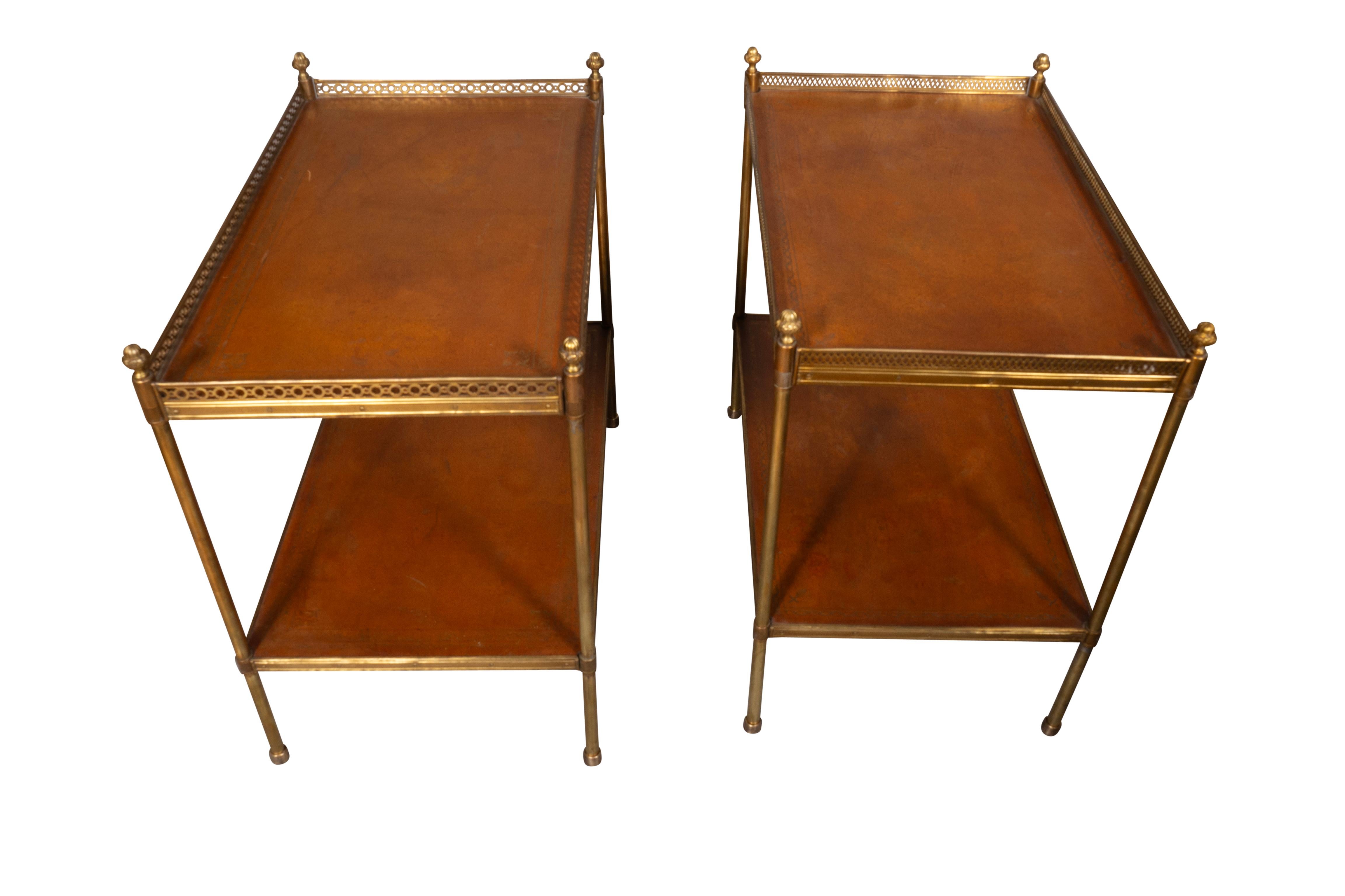 Mid-Century Modern Pair Of Mid Century Brass And Leather Two Tier End Tables For Sale