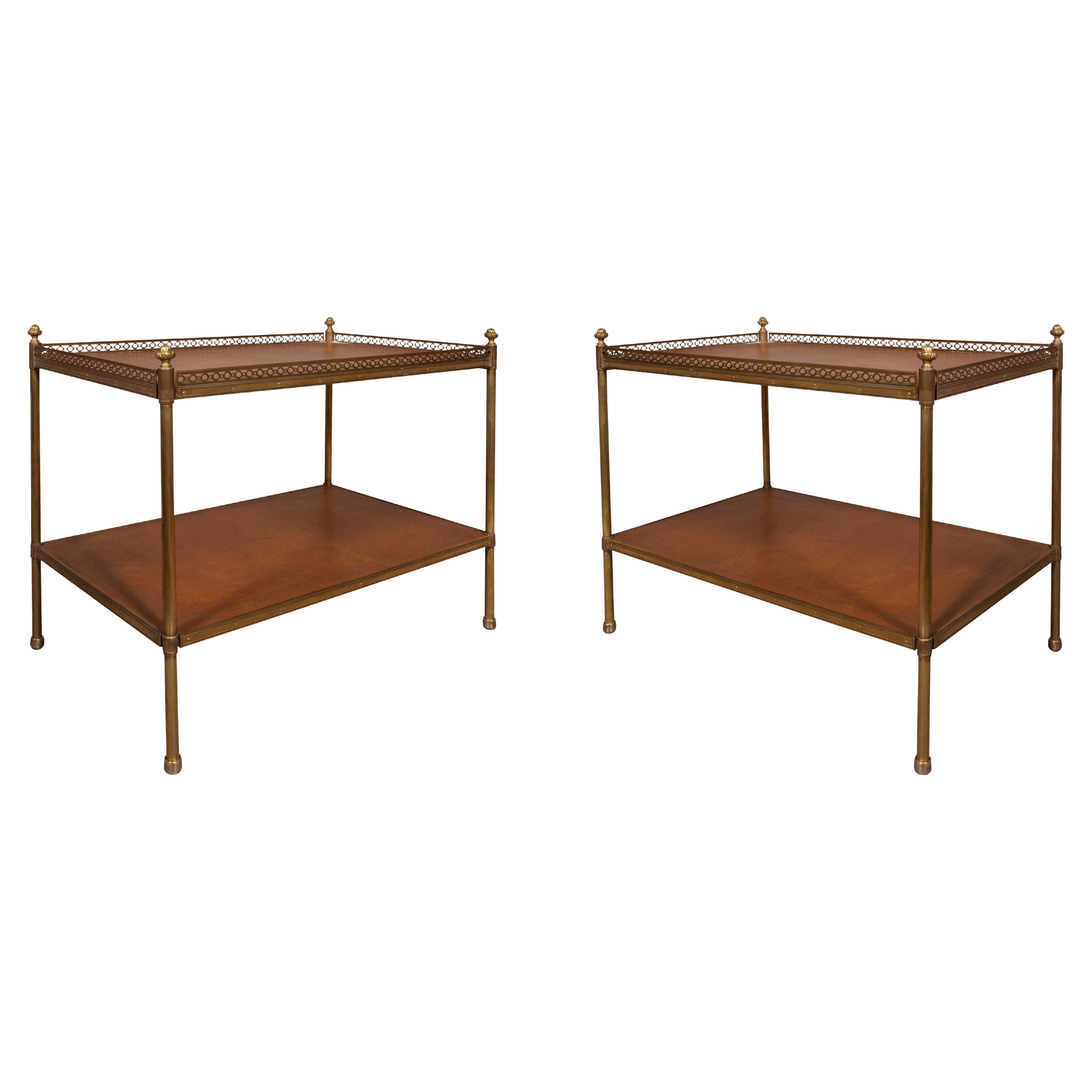 Pair Of Mid Century Brass And Leather Two Tier End Tables For Sale