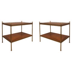 Pair Of Mid Century Brass And Leather Two Tier End Tables
