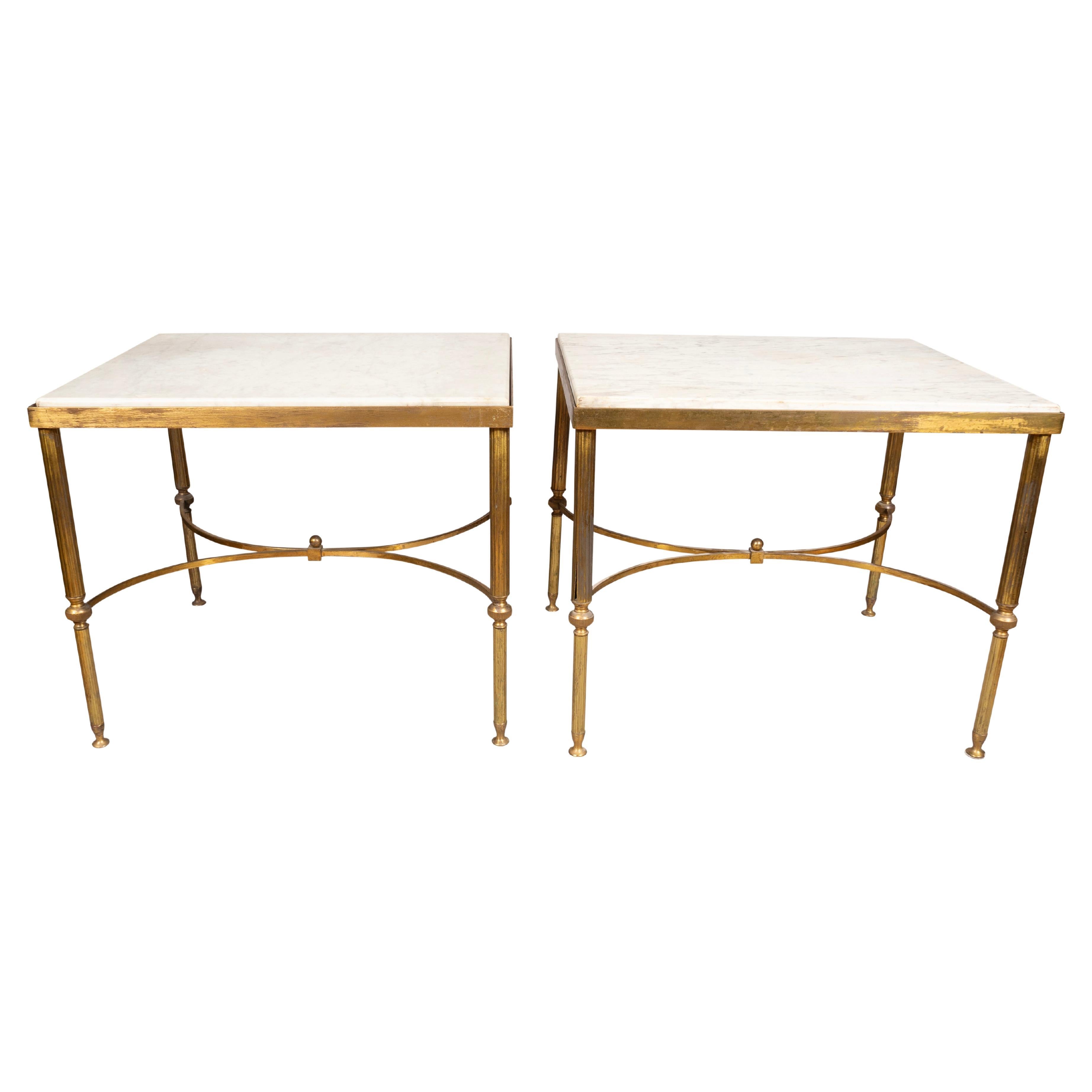Pair Of Mid Century Brass and Marble End Tables For Sale