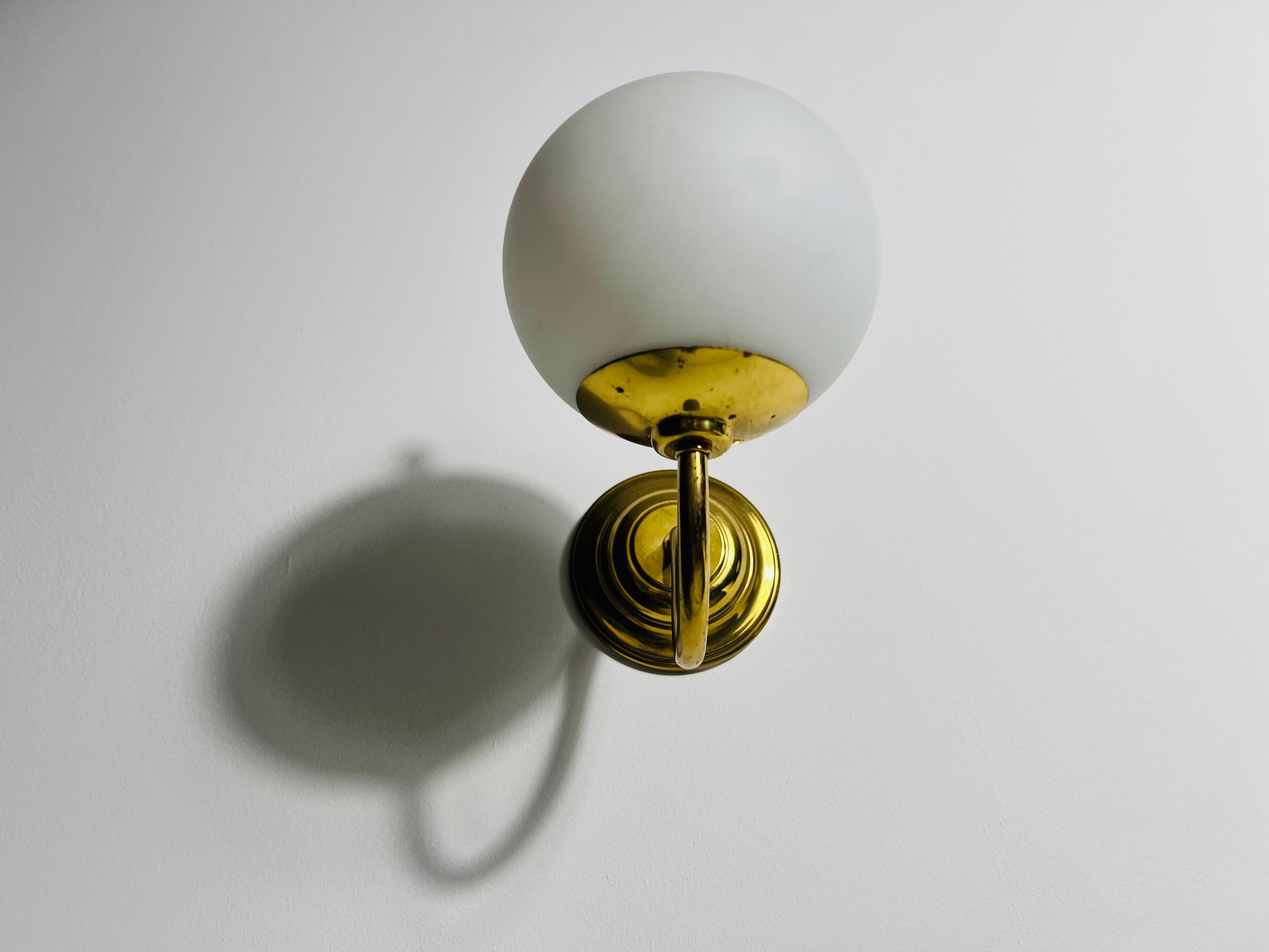 Pair of Mid-Century Brass and Opaline Glass Wall Lamps, Italy, 1960s For Sale 4