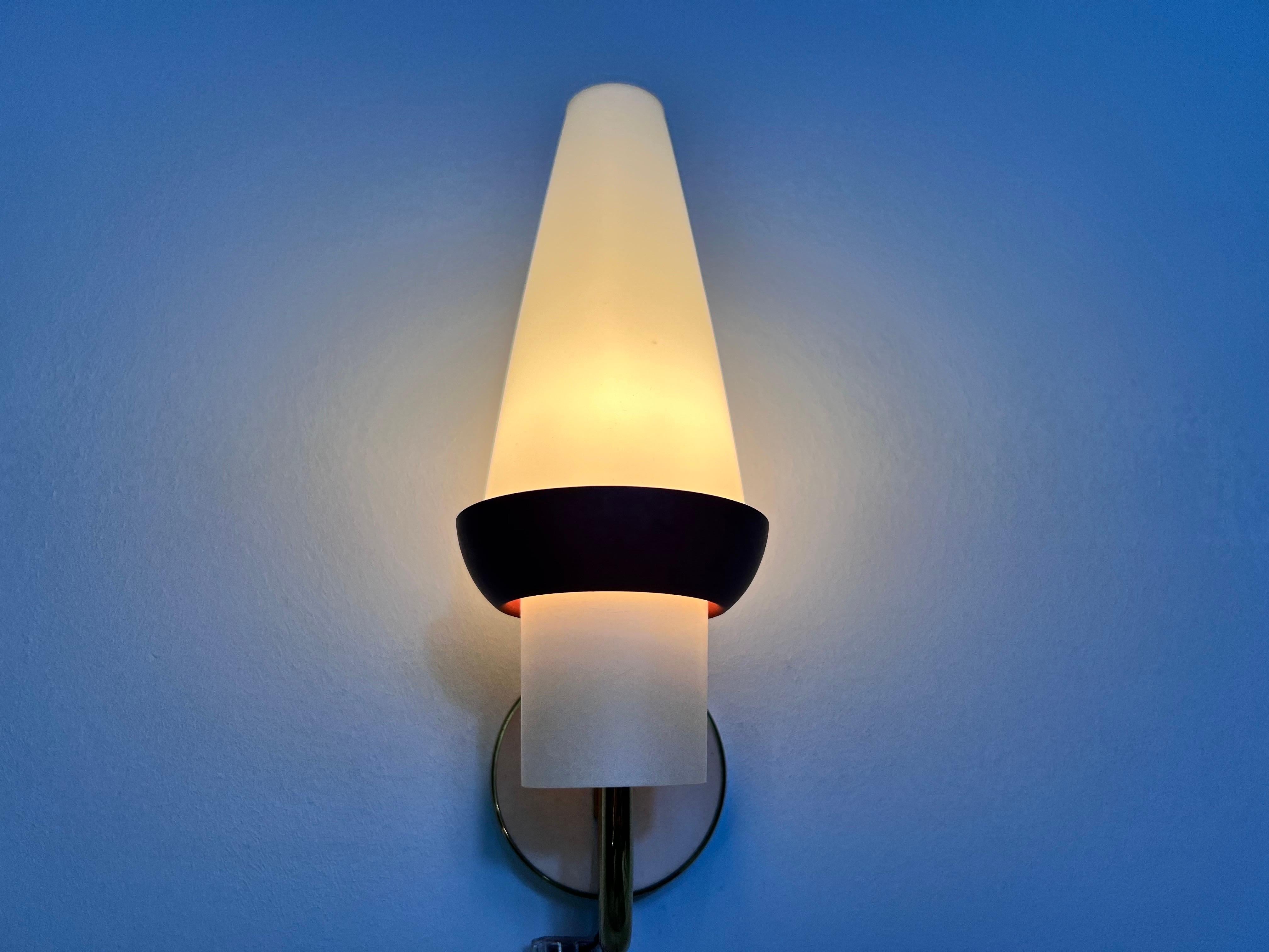 Pair of Mid-Century Brass and Opaline Glass Wall Lamps, Italy, 1960s For Sale 5