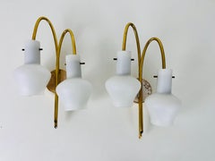 Pair of Mid-Century Brass and Opaline Glass Wall Lamps, Italy, 1960s